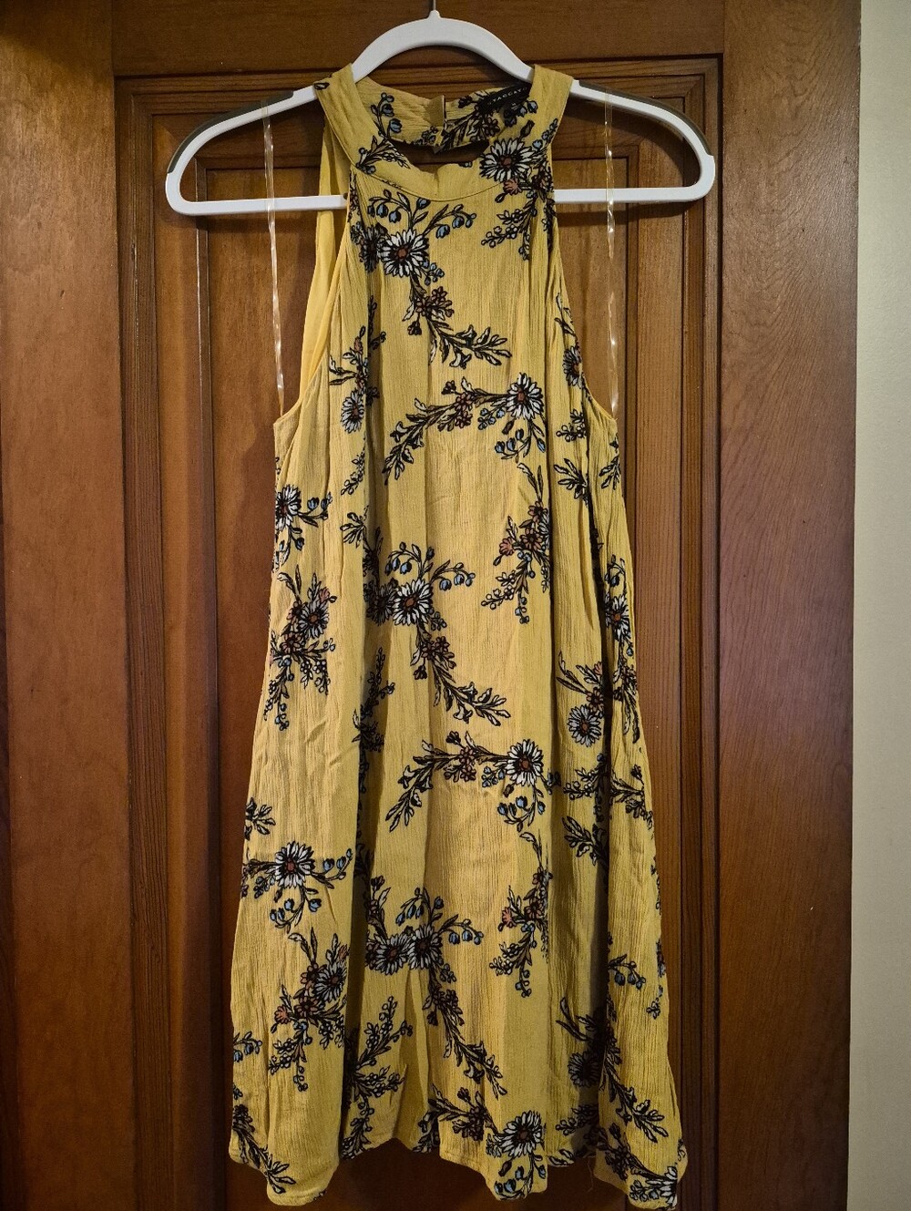 Yellow Boho Floral Halter Swing Dress, Summer Wedding, Sundress